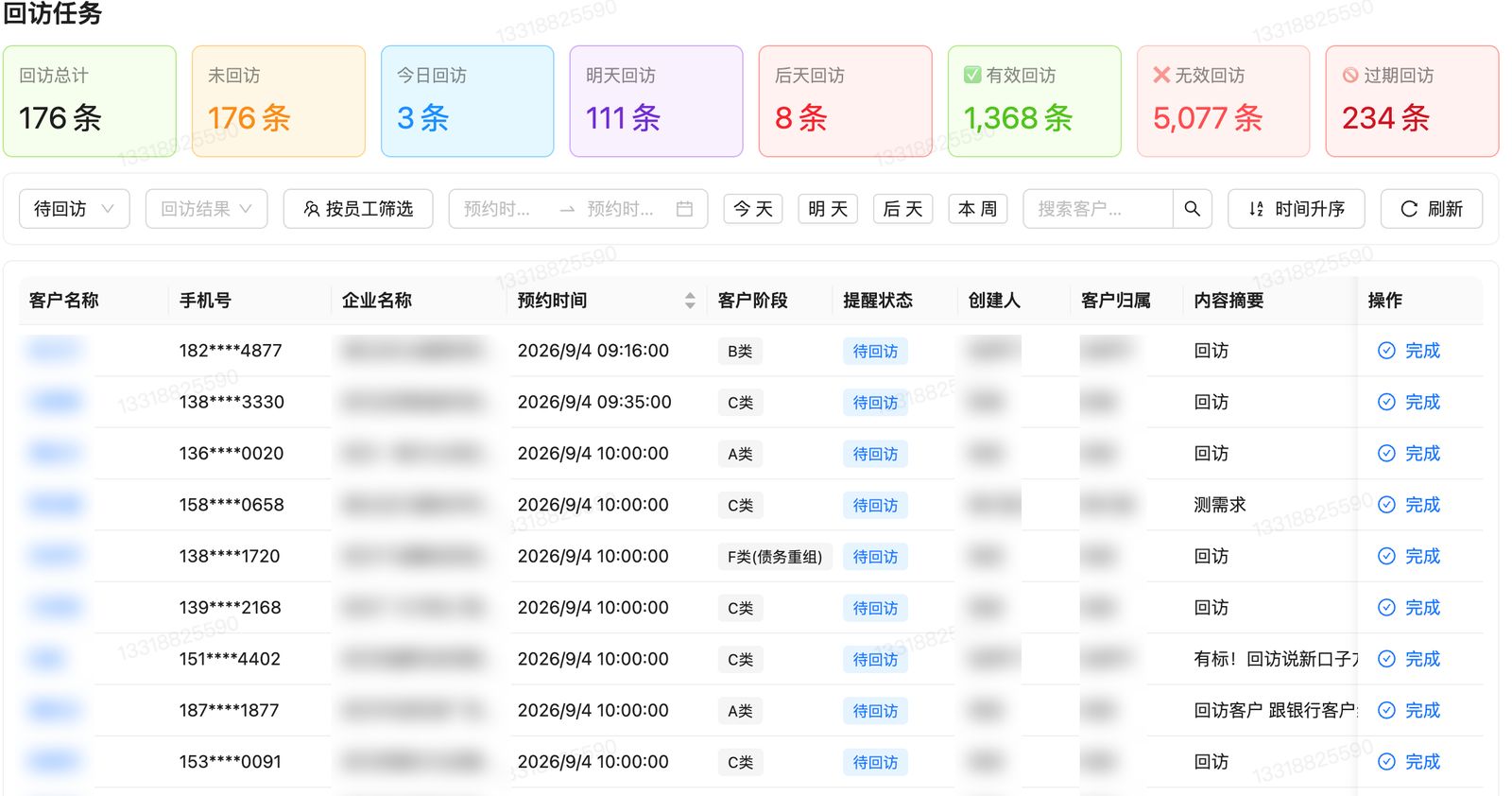 回访任务:自动提醒并通过企业微信推送